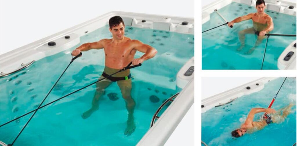 Spa de nage avec accessoires pour pratiquer des exercices aquatiques